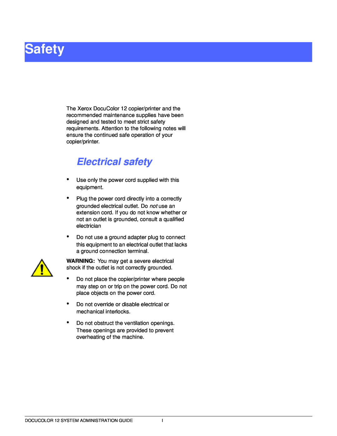 Xerox a2 manual Safety, Electrical safety, 1 2 3 4 5 6 7 