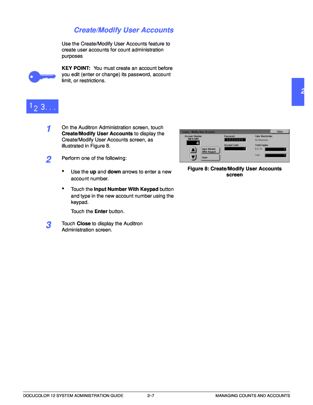 Xerox a2 manual 1 2 3 4 5 6 7, Create/Modify User Accounts to display the, • Touch the Input Number With Keypad button 