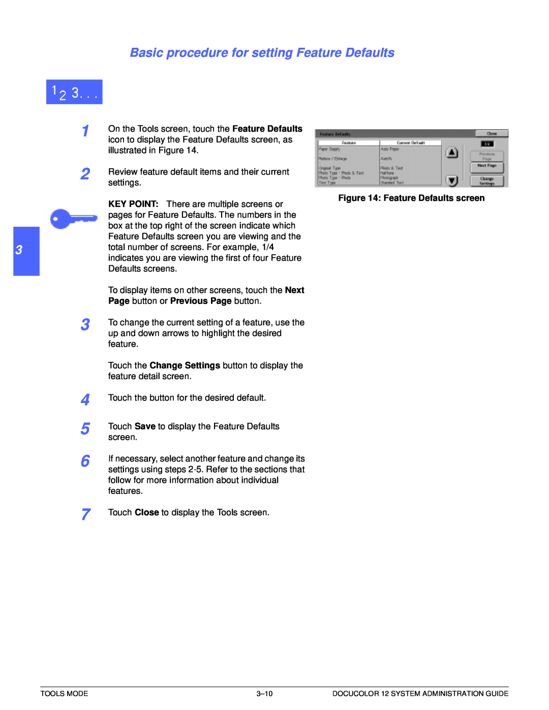 Xerox a2 manual Basic procedure for setting Feature Defaults, 2 3 4 5 6 7, Feature Defaults screen 