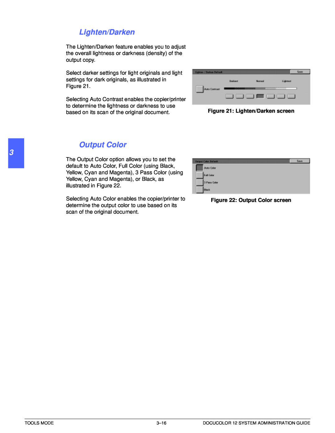 Xerox a2 manual 1 2 3 4 5 6 7, Lighten/Darken screen, Output Color screen 