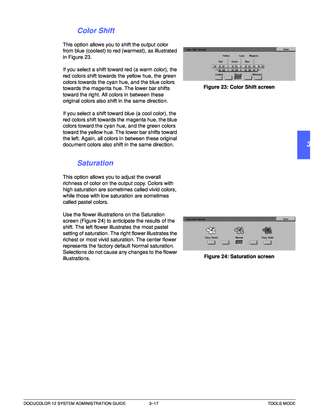 Xerox a2 manual 1 2 3 4 5 6 7, Color Shift screen, Saturation screen 