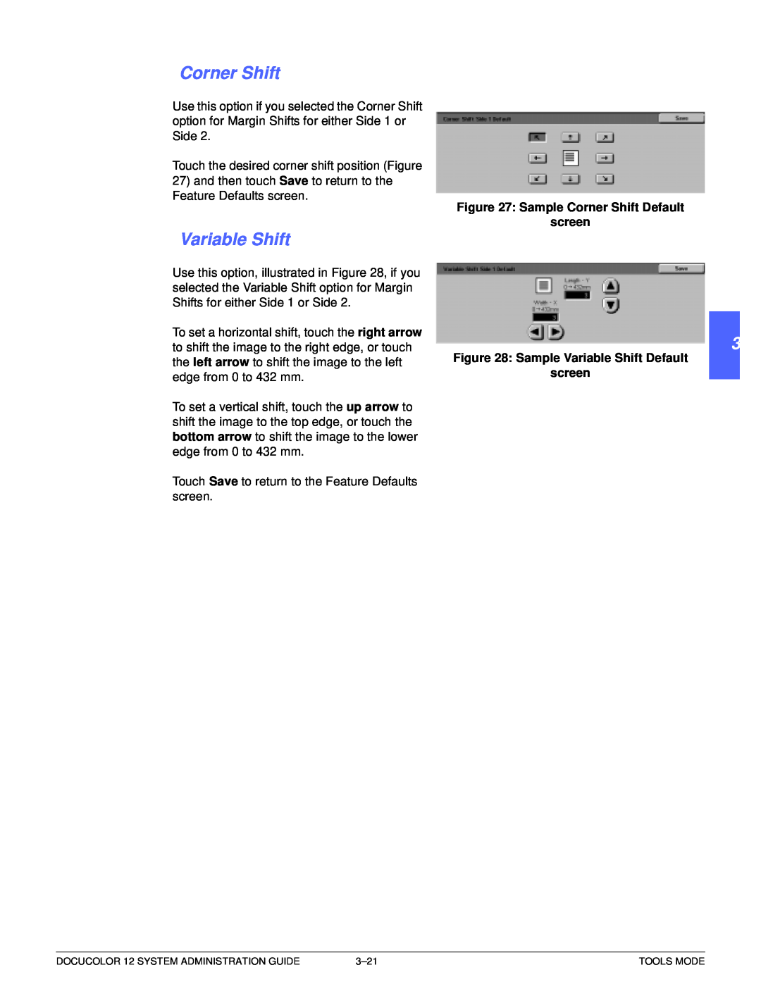 Xerox a2 manual 1 2 3 4 5 6 7, Sample Corner Shift Default screen, Sample Variable Shift Default screen 