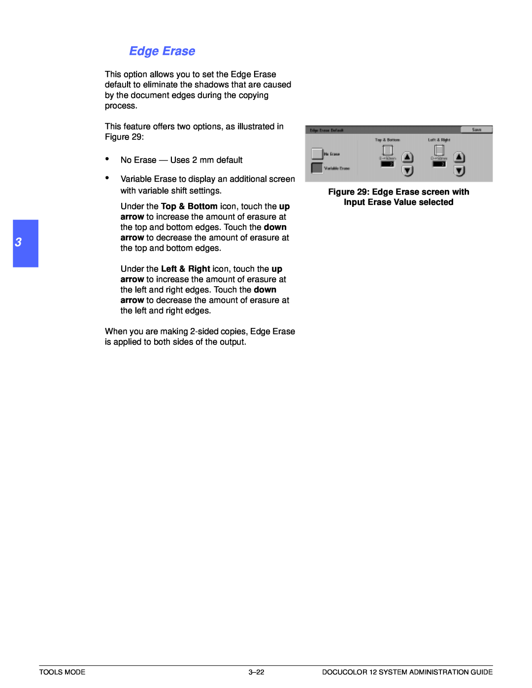 Xerox a2 manual 1 2 3 4 5 6 7, Edge Erase screen with, Input Erase Value selected 