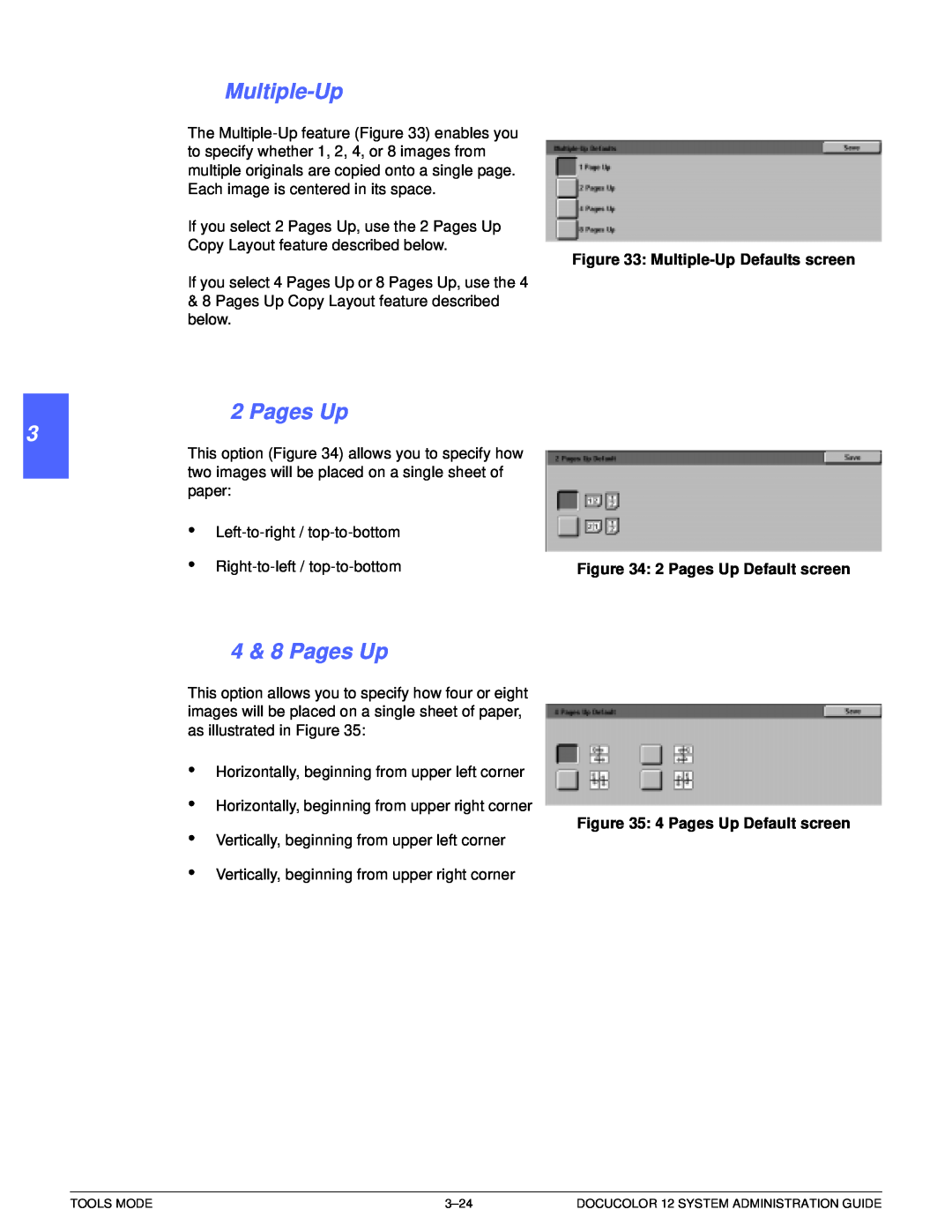 Xerox a2 manual 4 & 8 Pages Up, 3 4 5 6 7, Multiple-UpDefaults screen, 2 Pages Up Default screen 