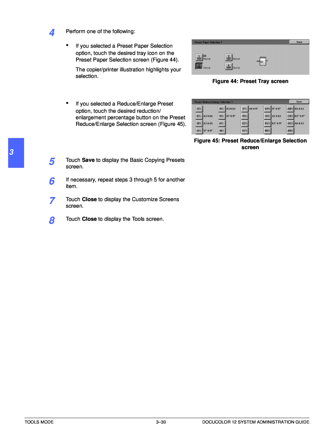 Xerox a2 manual 1 2 3 4 5 6 7, Preset Tray screen, Preset Reduce/Enlarge Selection screen 