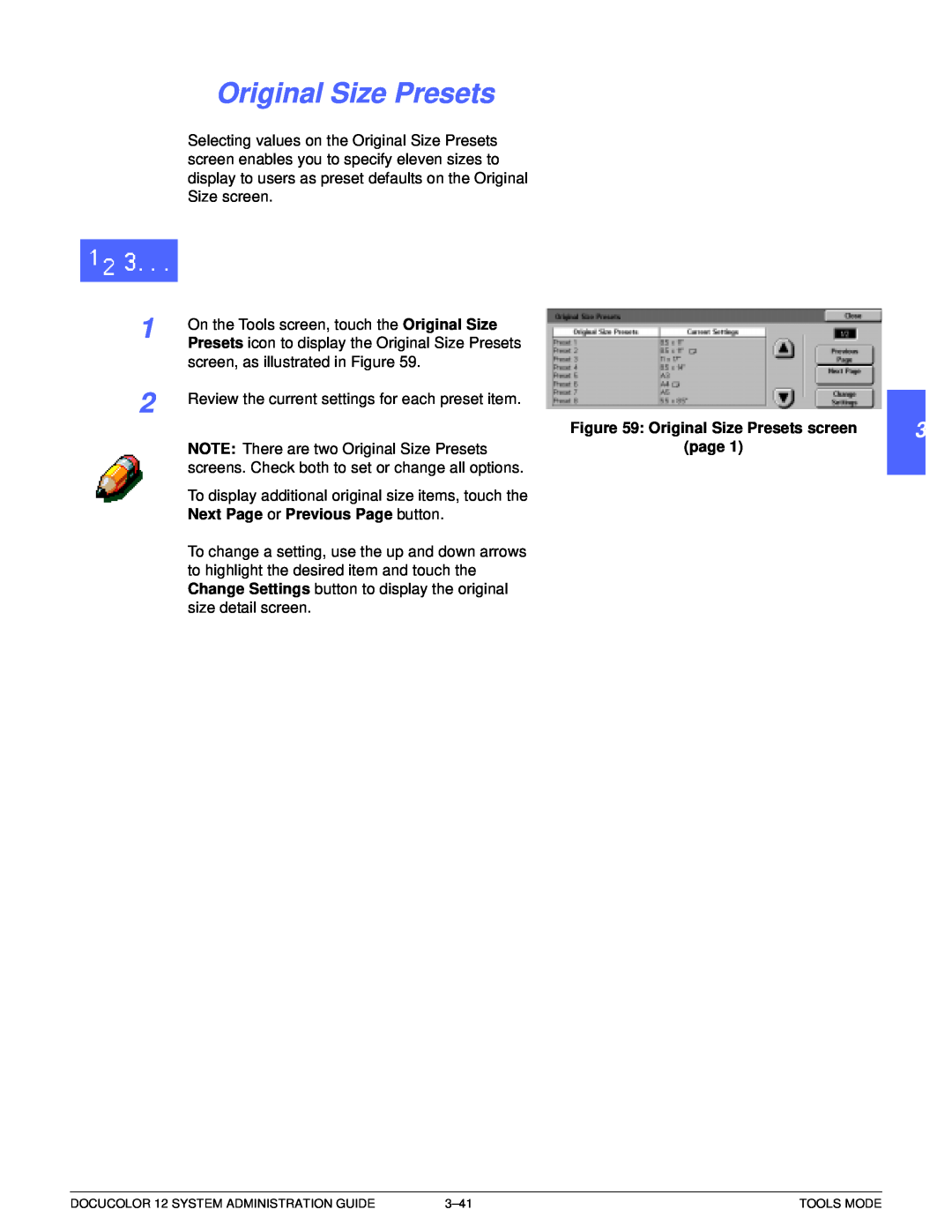 Xerox a2 manual 2 3 4 5 6 7, Next Page or Previous Page button, Original Size Presets screen page 