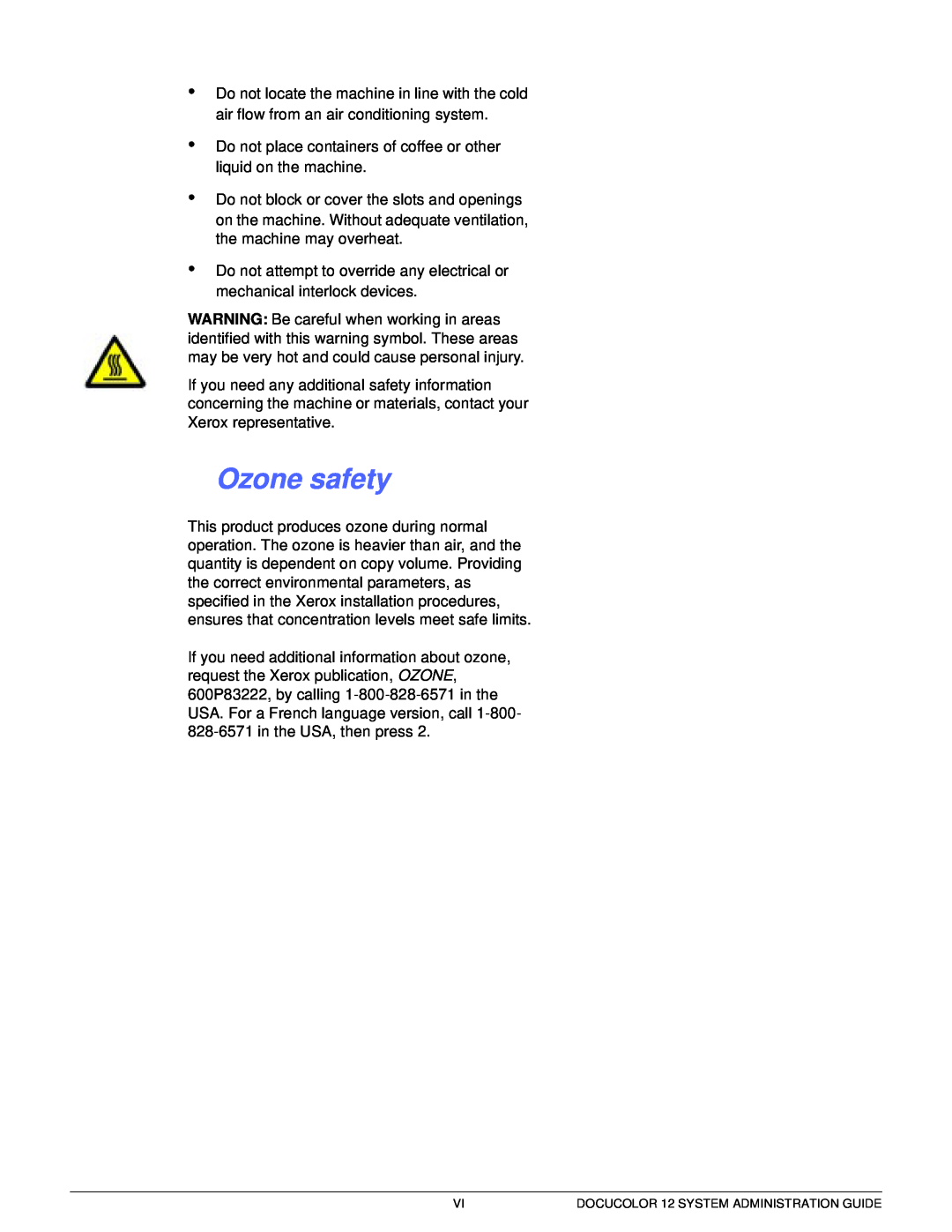 Xerox a2 manual Ozone safety, 1 2 3 4 5 6 7, DOCUCOLOR 12 SYSTEM ADMINISTRATION GUIDE 