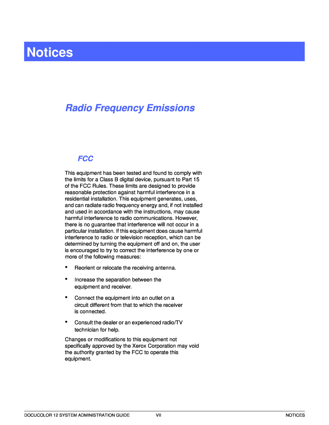 Xerox a2 manual Notices, Radio Frequency Emissions, 1 2 3 4 5 6 7 