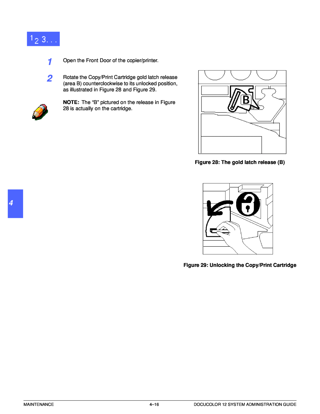 Xerox a2 manual The gold latch release B, Unlocking the Copy/Print Cartridge 