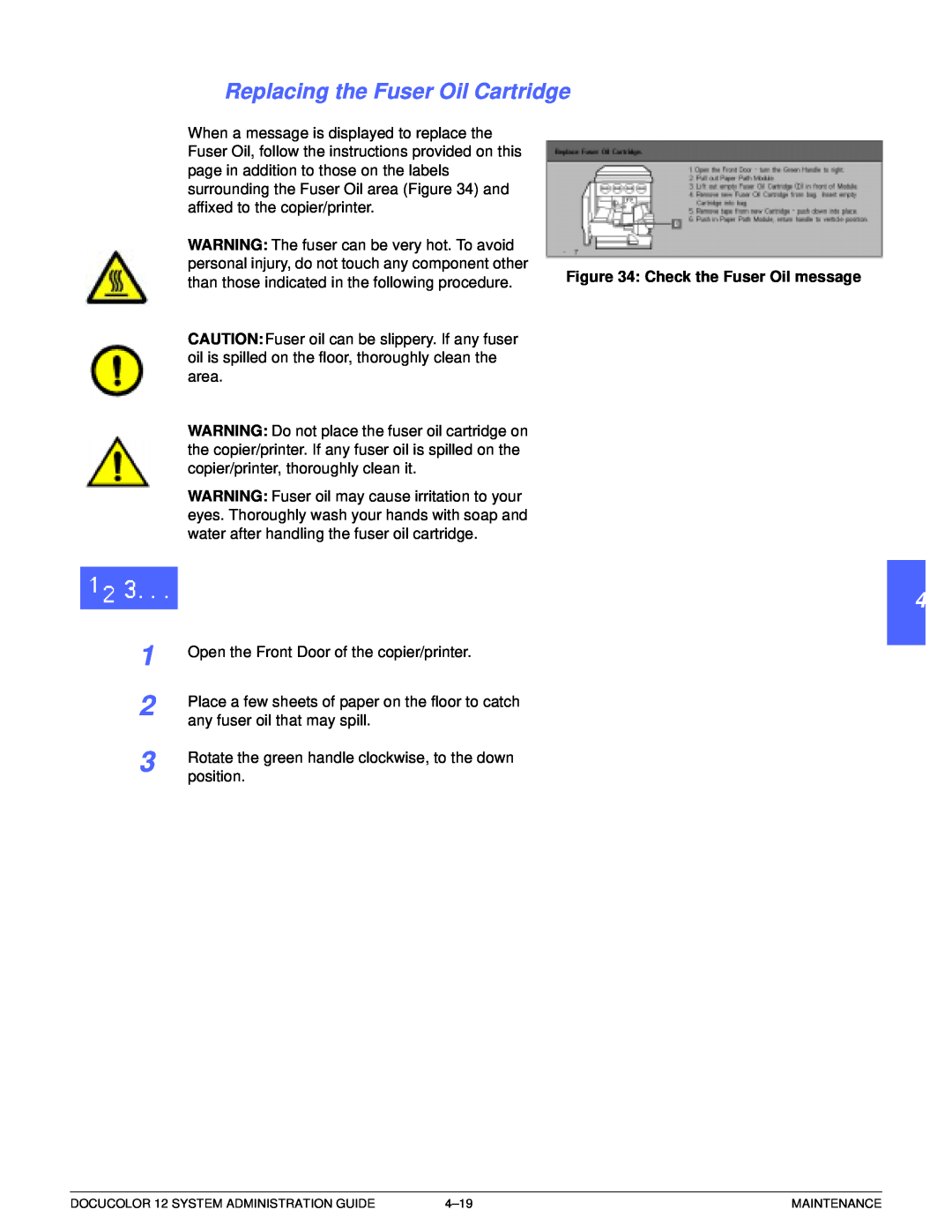 Xerox a2 manual Replacing the Fuser Oil Cartridge, Check the Fuser Oil message 