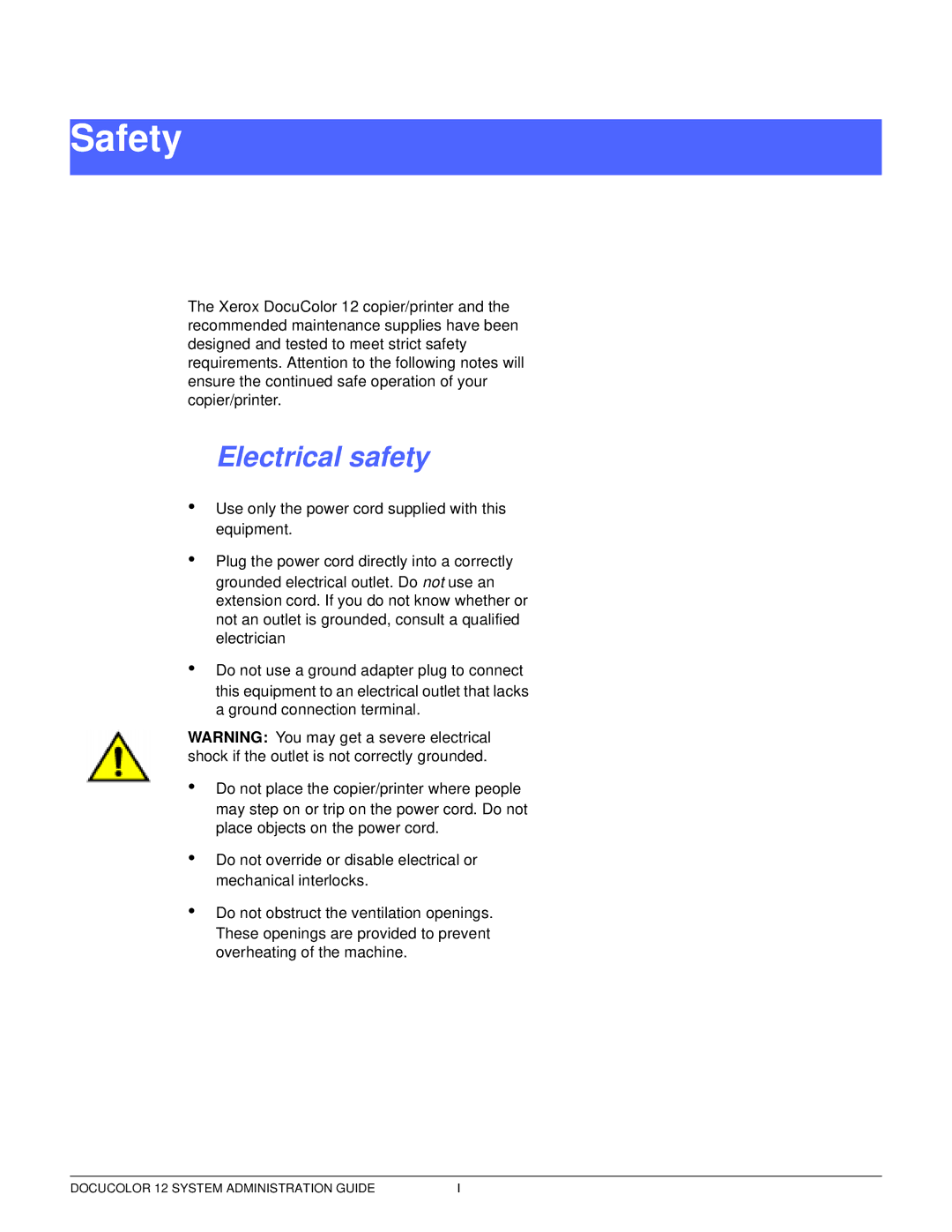 Xerox a2 manual Safety, Electrical safety 