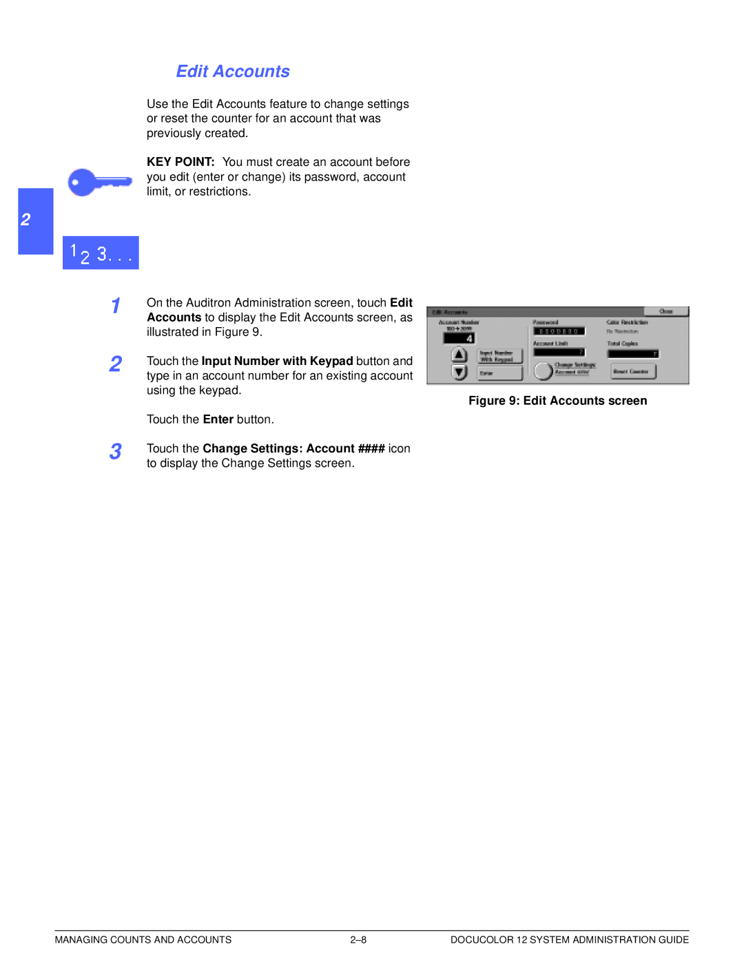 Xerox a2 manual Edit Accounts, Touch the Change Settings Account #### icon 