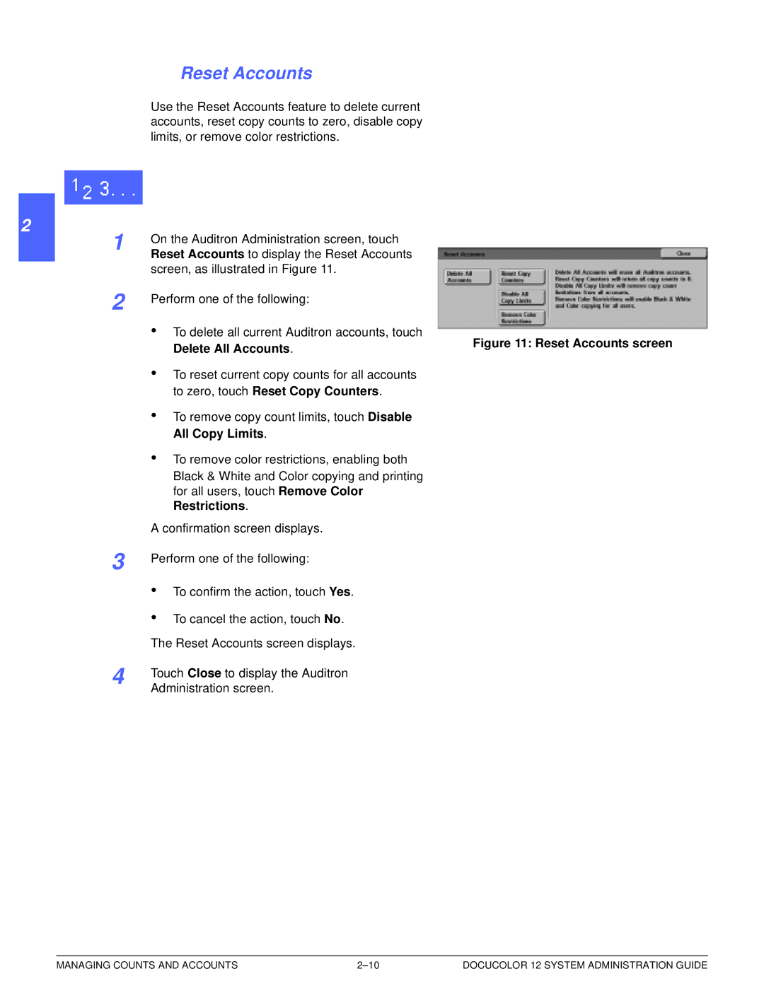 Xerox a2 manual Reset Accounts, Delete All Accounts 