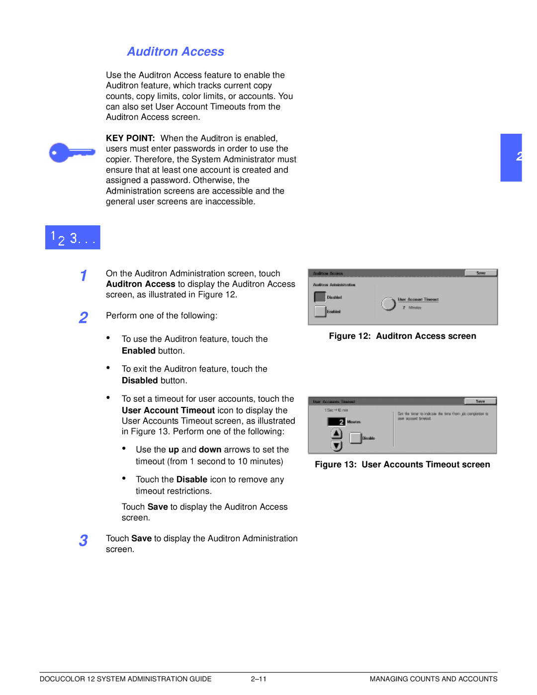 Xerox a2 manual Auditron Access, Enabled button, Disabled button, User Account Timeout icon to display 