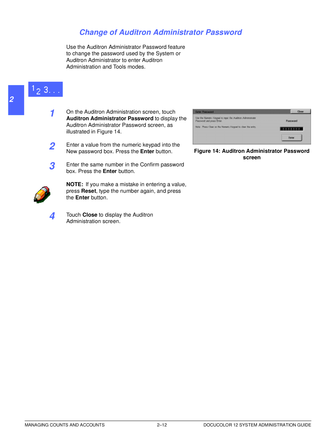 Xerox a2 manual Change of Auditron Administrator Password, Auditron Administrator Password to display 