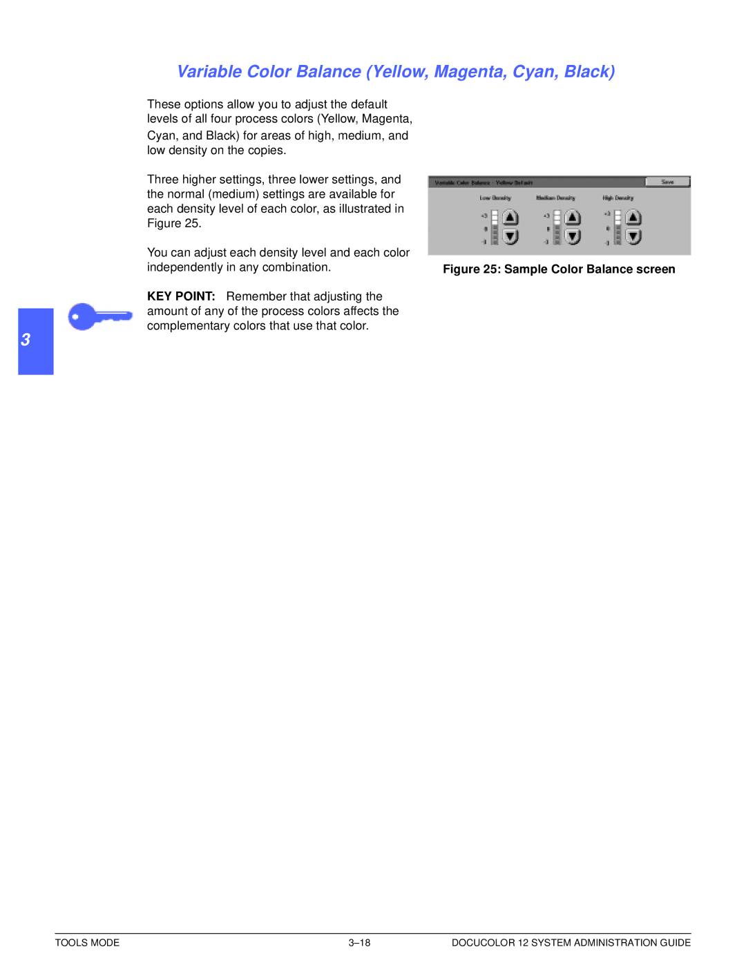 Xerox a2 manual Variable Color Balance Yellow, Magenta, Cyan, Black, Sample Color Balance screen 