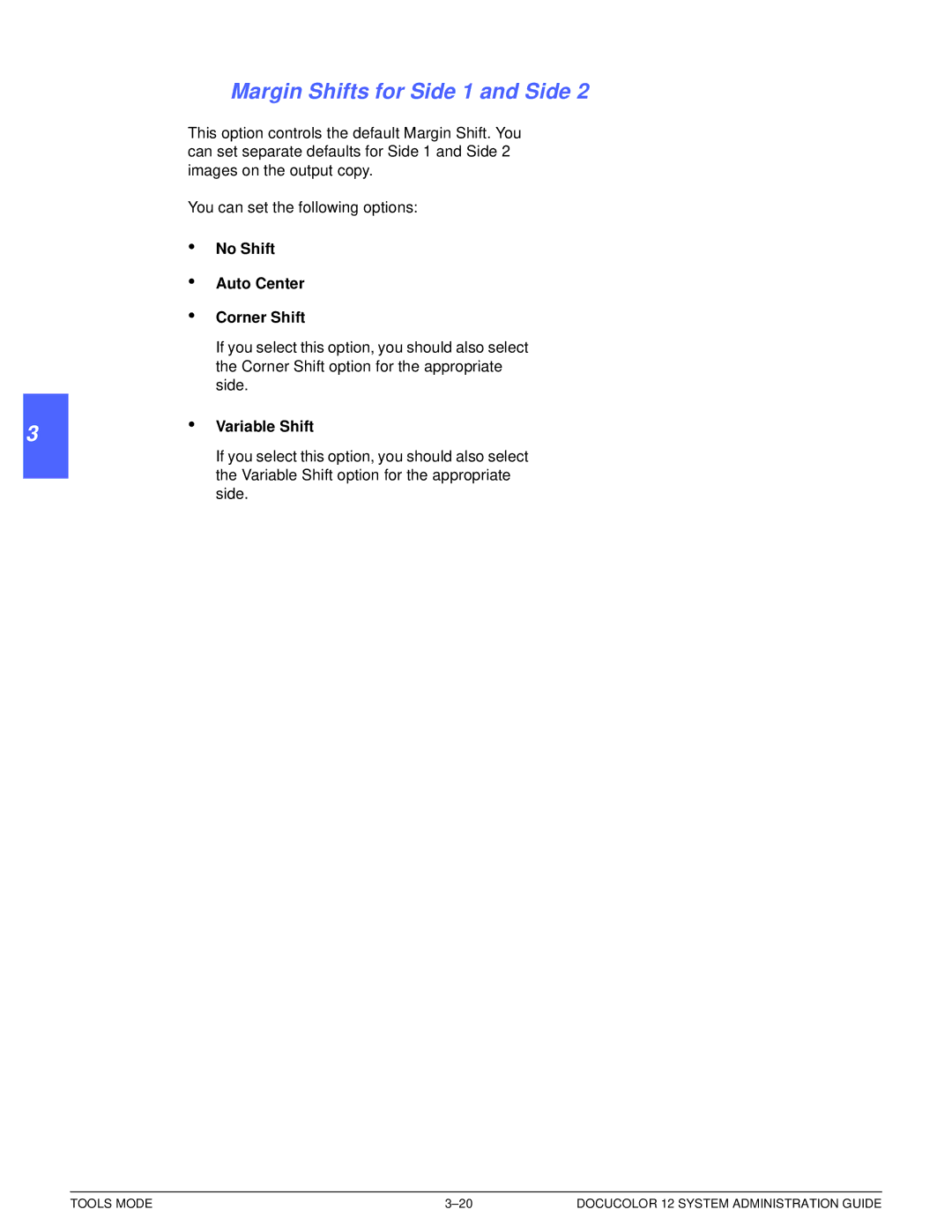 Xerox a2 manual Margin Shifts for Side 1 and Side, No Shift Auto Center Corner Shift, Variable Shift 