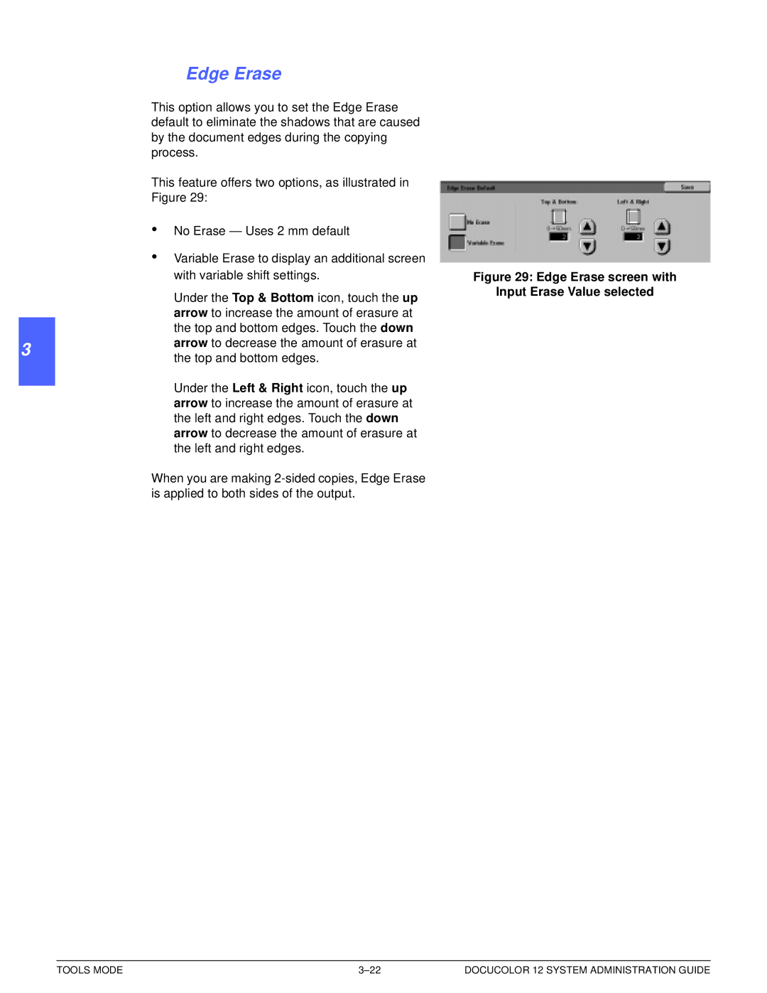 Xerox a2 manual Edge Erase screen with Input Erase Value selected 