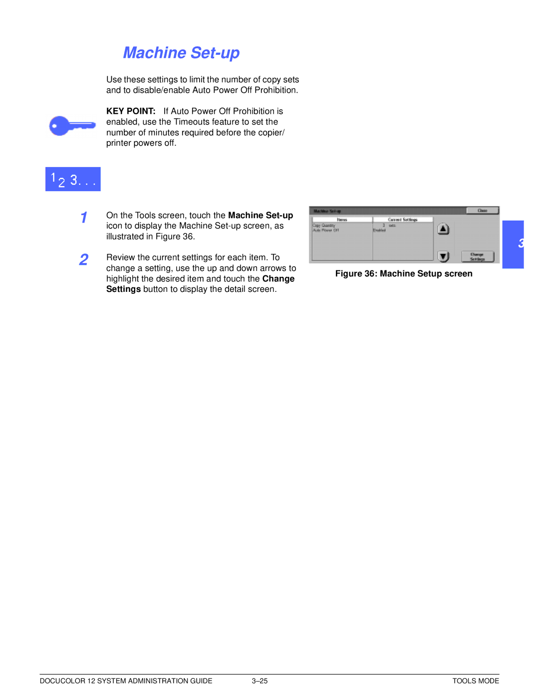 Xerox a2 manual Machine Set-up, Machine Setup screen 