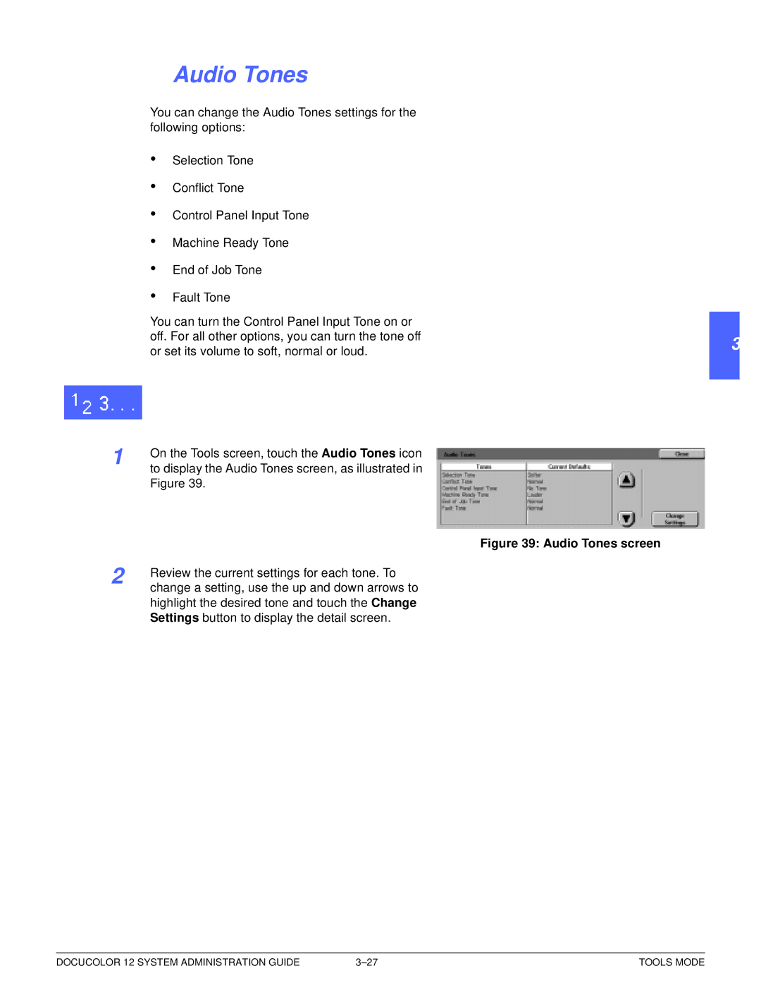 Xerox a2 manual Audio Tones screen 