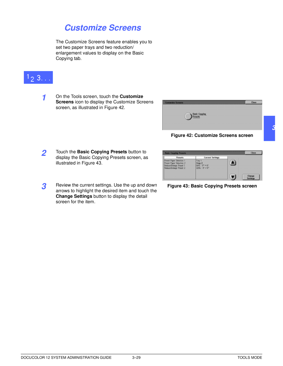 Xerox a2 manual Customize Screens, Basic Copying Presets screen 