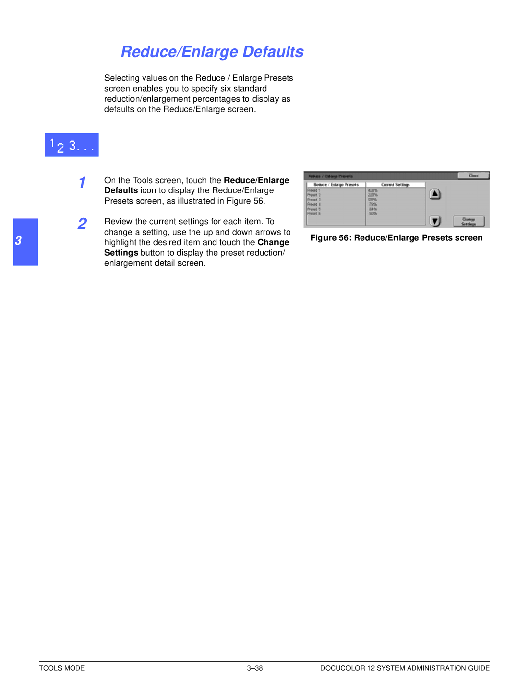 Xerox a2 manual Reduce/Enlarge Defaults, Reduce/Enlarge Presets screen 