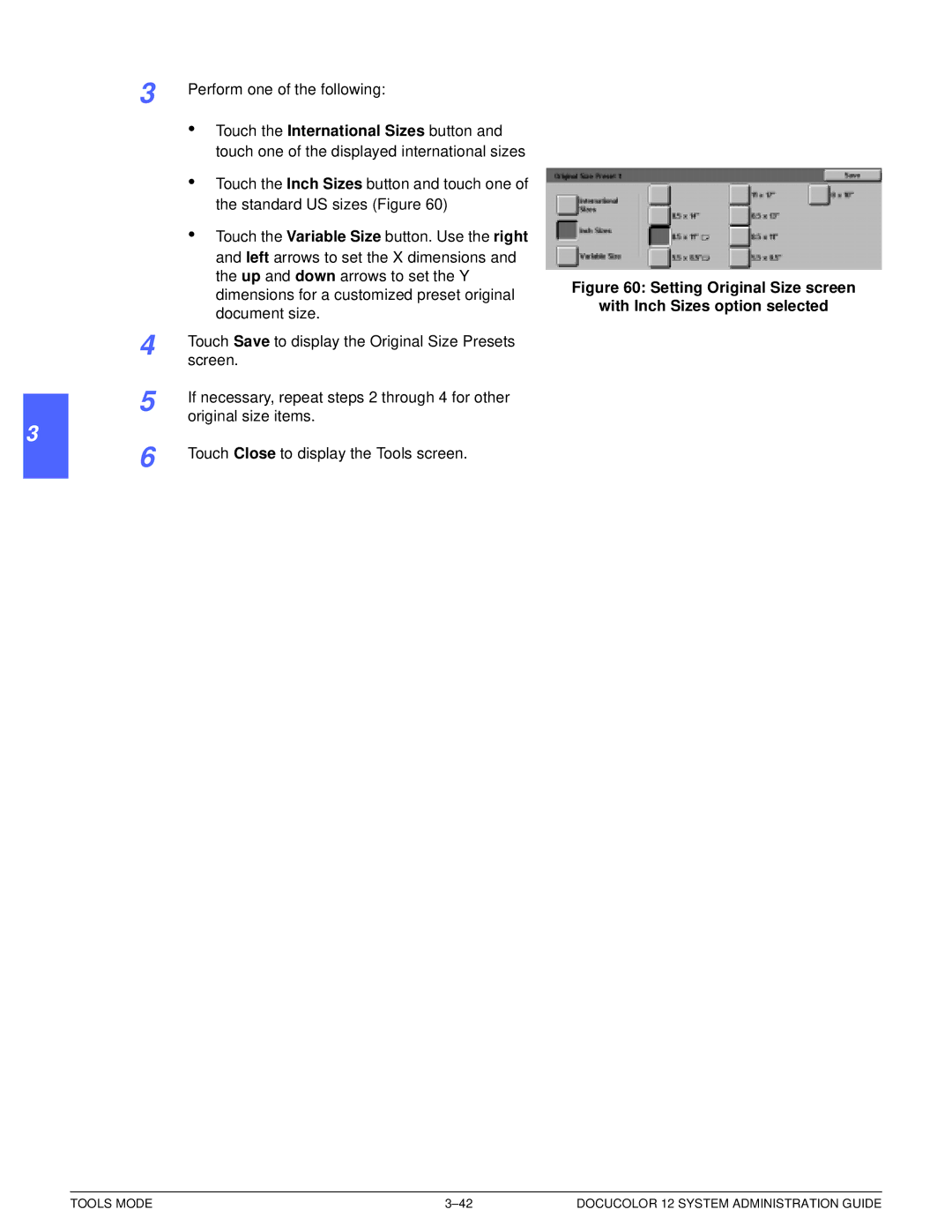 Xerox a2 manual Setting Original Size screen With Inch Sizes option selected 