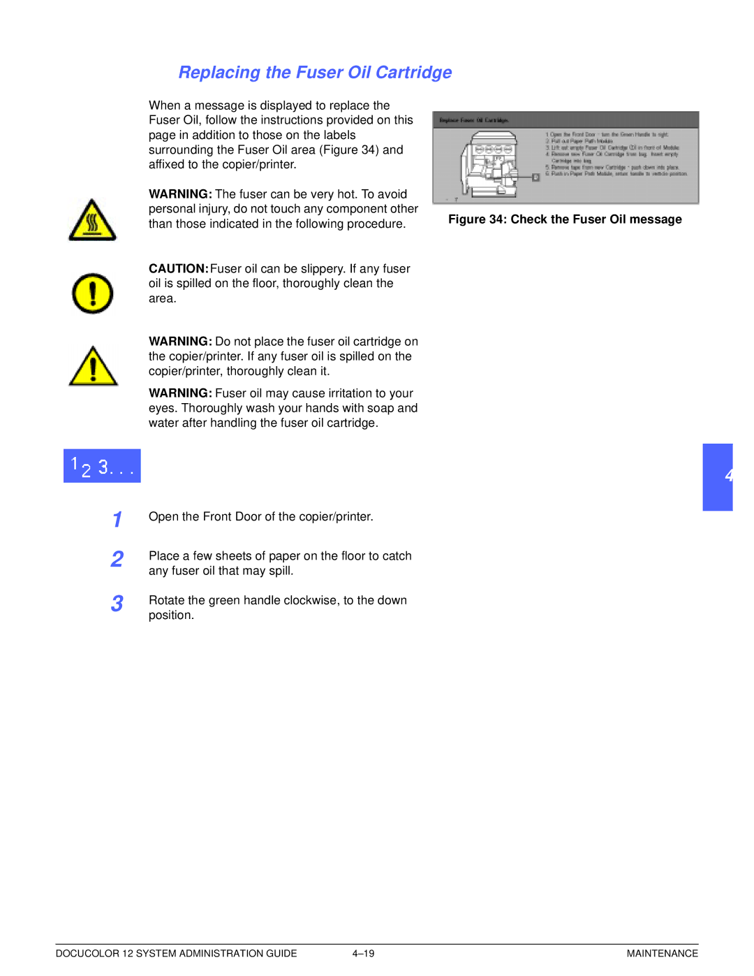 Xerox a2 manual Replacing the Fuser Oil Cartridge, Check the Fuser Oil message 