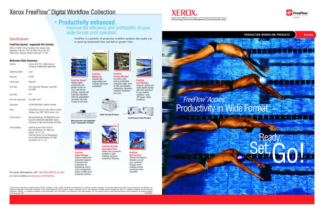 Xerox specifications Specifications, Set,Go, Ready, Productivity in Wide Format, FreeFlowAccxes, Productivity enhanced 