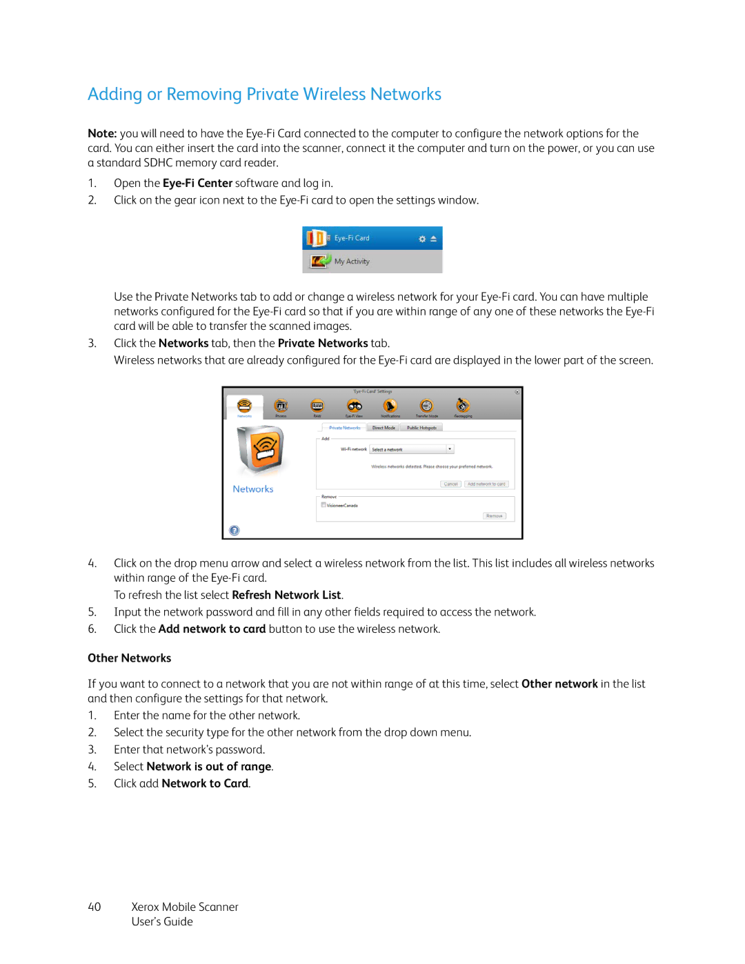 Xerox ADS-5N-06 05005G manual Adding or Removing Private Wireless Networks, Other Networks 