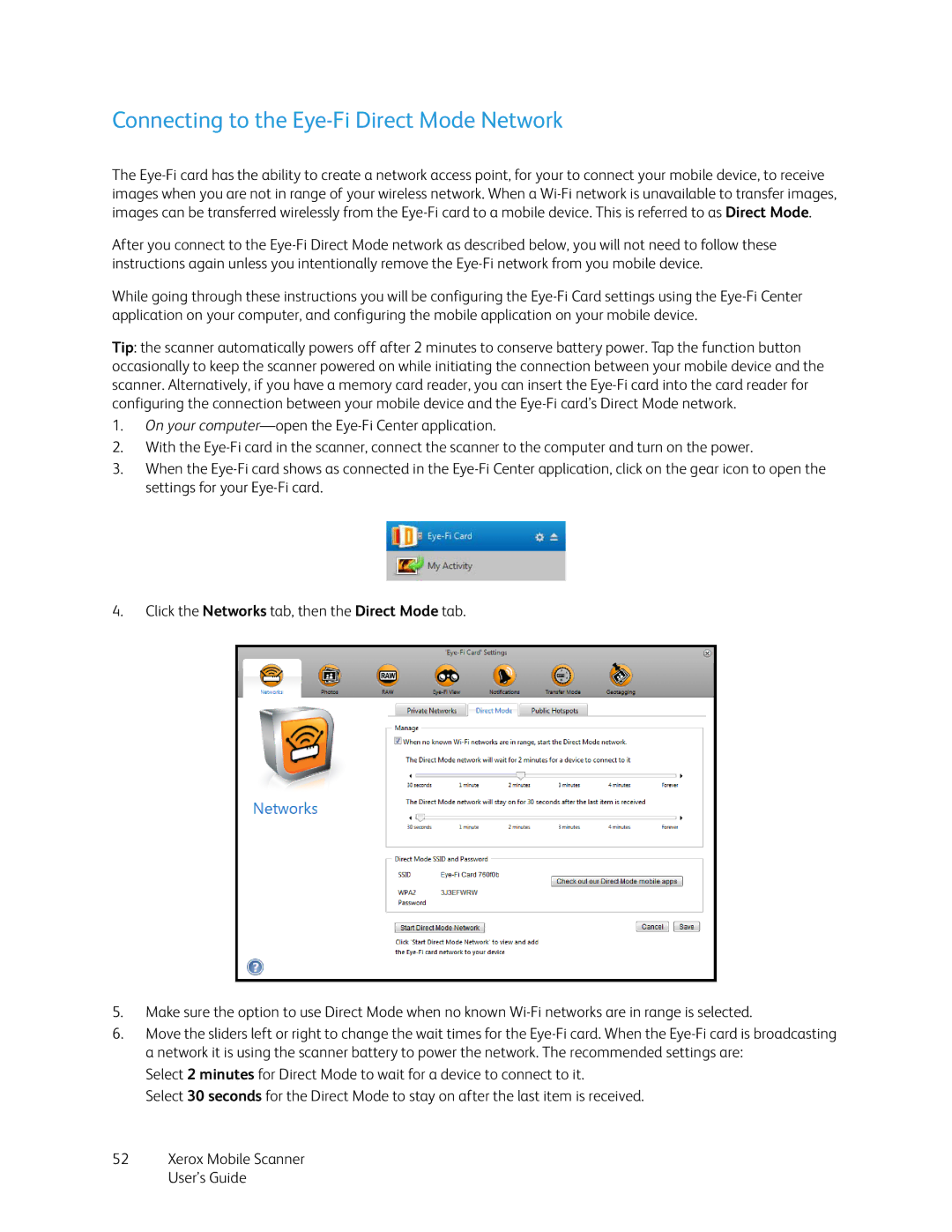 Xerox ADS-5N-06 05005G manual Connecting to the Eye-Fi Direct Mode Network 