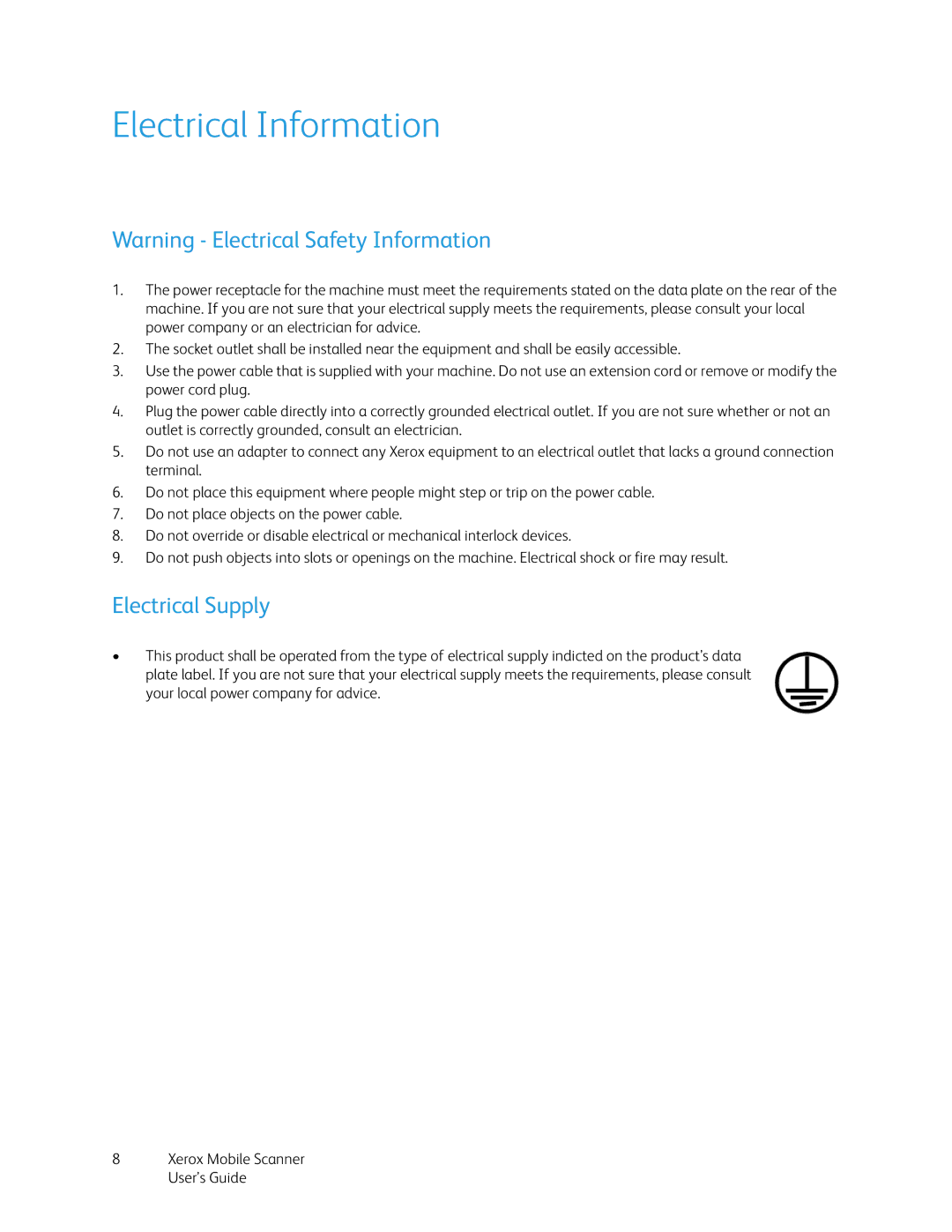 Xerox ADS-5N-06 05005G manual Electrical Information, Electrical Supply 