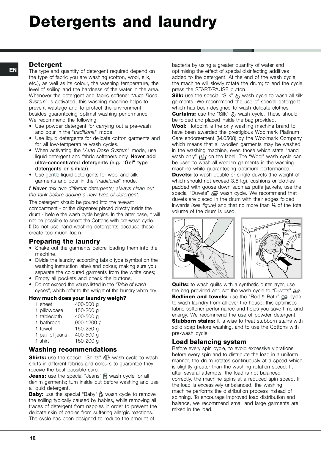 Xerox AQLF9D 69 U manual Detergents and laundry, Preparing the laundry, Washing recommendations, Load balancing system 