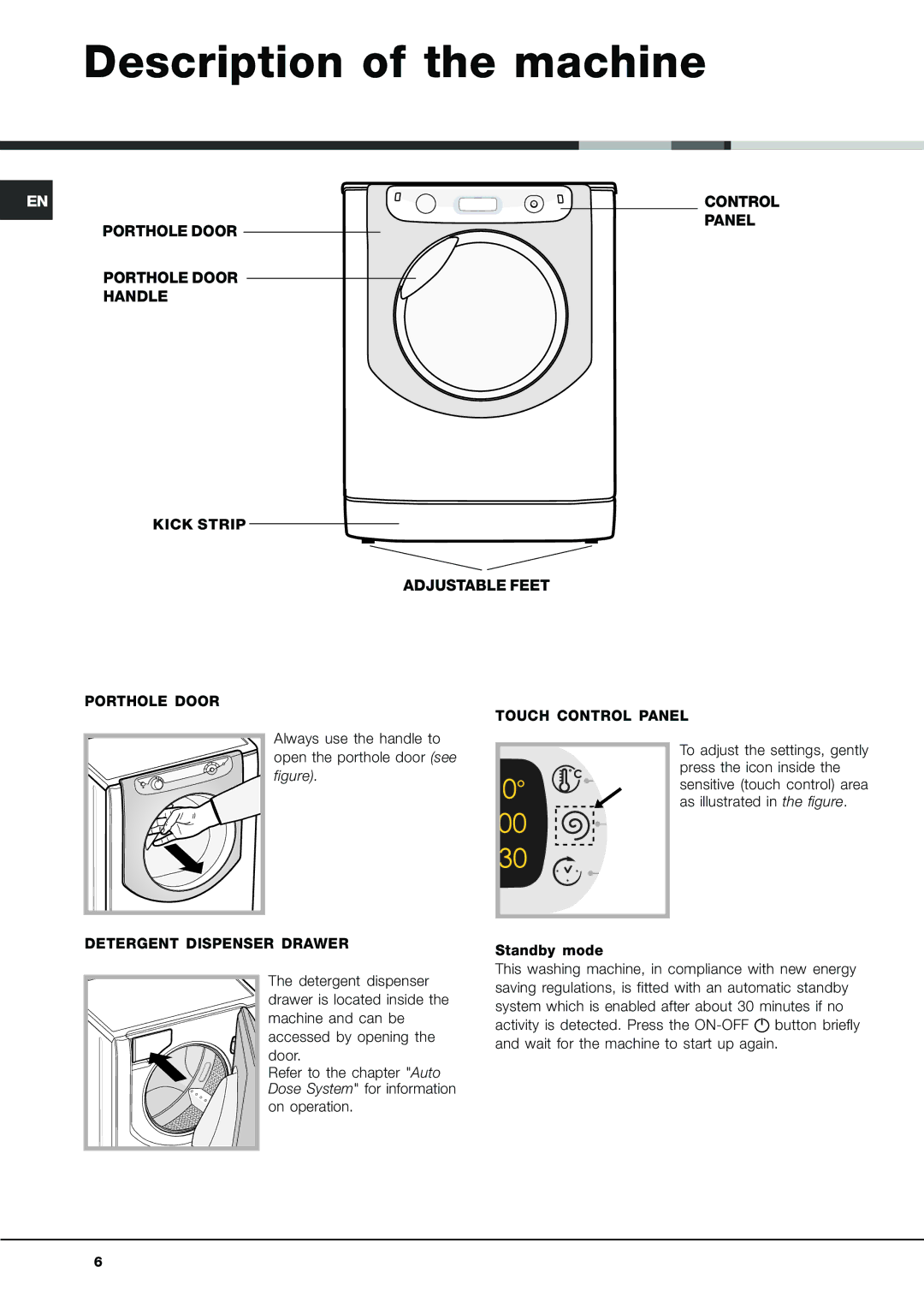 Xerox AQLF9D 69 U manual Description of the machine, Control, Panel, Porthole Door, Detergent Dispenser Drawer 