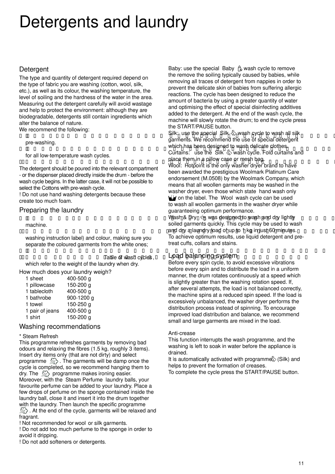 Xerox AQM8F 49 I Detergents and laundry, Preparing the laundry, Washing recommendations, Load balancing system 