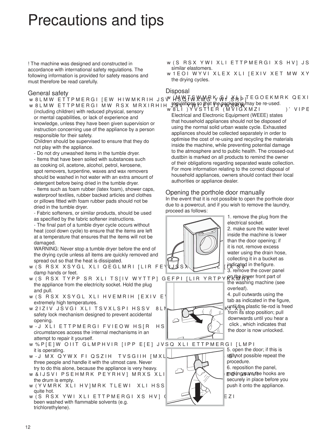 Xerox AQM8F 49 I instruction manual Precautions and tips, General safety, Disposal, Opening the porthole door manually 