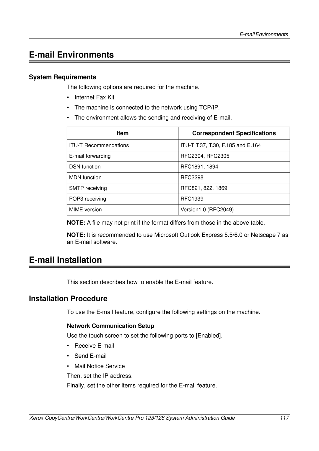 Xerox C123/C128 M123/M128 123/128 Mail Environments, Mail Installation, System Requirements, Correspondent Specifications 