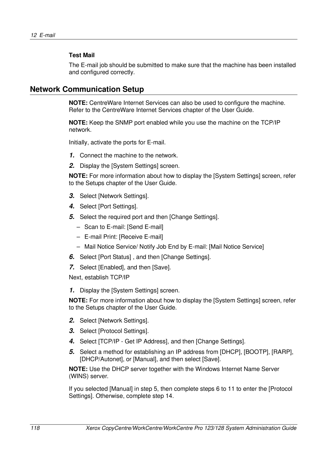 Xerox C123/C128 M123/M128 123/128 manual Network Communication Setup, Test Mail 