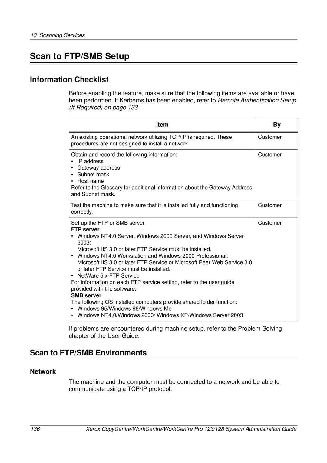 Xerox C123/C128 M123/M128 123/128 manual Scan to FTP/SMB Setup, Scan to FTP/SMB Environments 