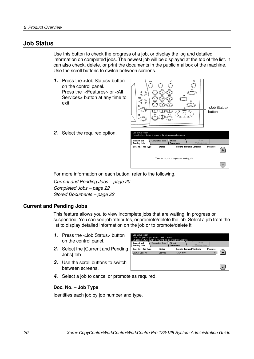 Xerox C123/C128 M123/M128 123/128 manual Job Status, Current and Pending Jobs, Doc. No. Job Type 