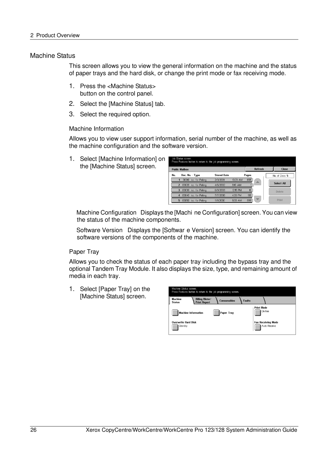 Xerox C123/C128 M123/M128 123/128 manual Machine Status, Machine Information, Paper Tray 