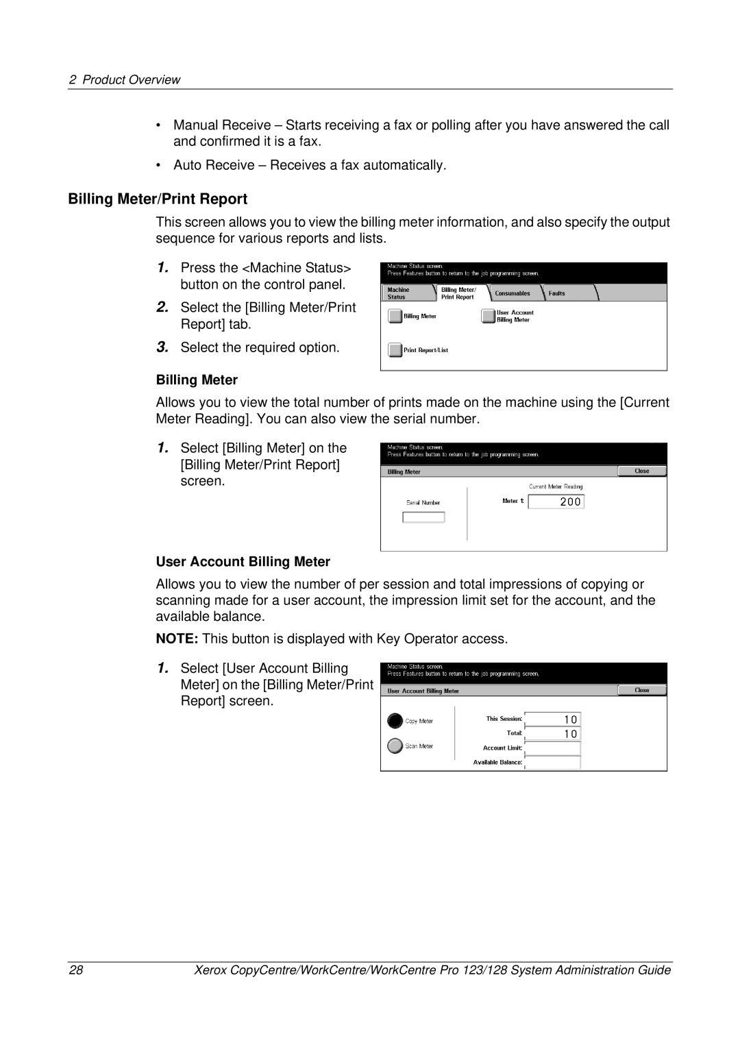 Xerox C123/C128 M123/M128 123/128 manual Billing Meter/Print Report, User Account Billing Meter 