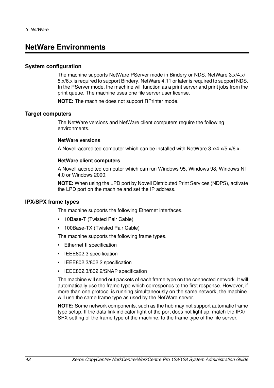 Xerox C123/C128 M123/M128 123/128 manual NetWare Environments, System configuration, Target computers, IPX/SPX frame types 