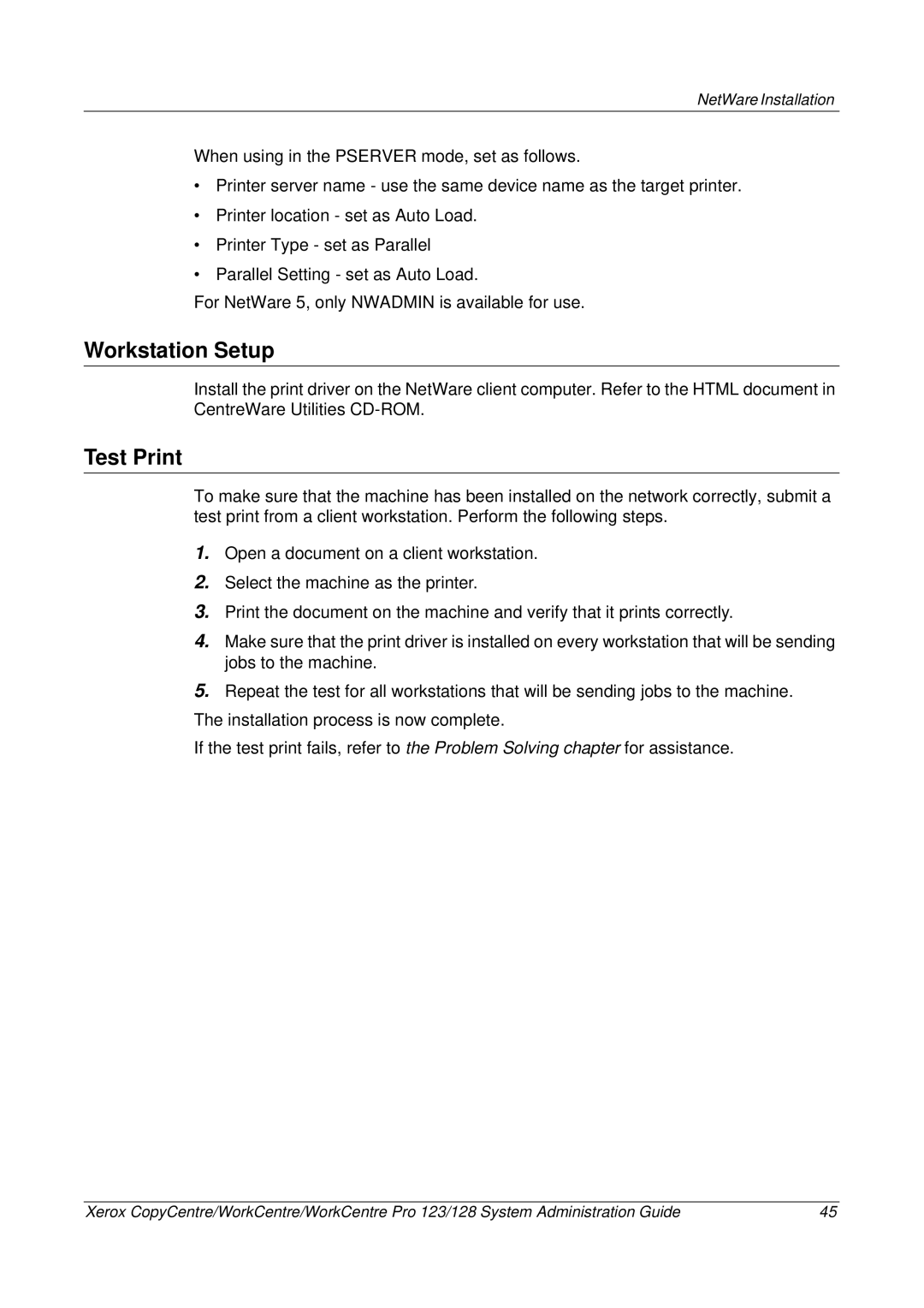 Xerox C123/C128 M123/M128 123/128 manual Workstation Setup, Test Print 