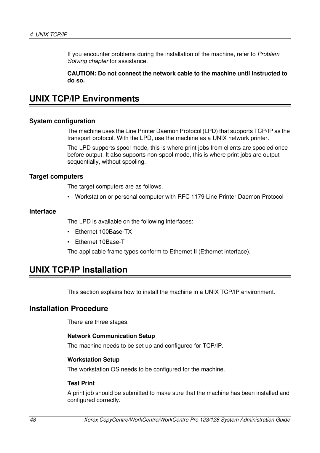 Xerox C123/C128 M123/M128 123/128 manual Unix TCP/IP Environments, Unix TCP/IP Installation, Interface 