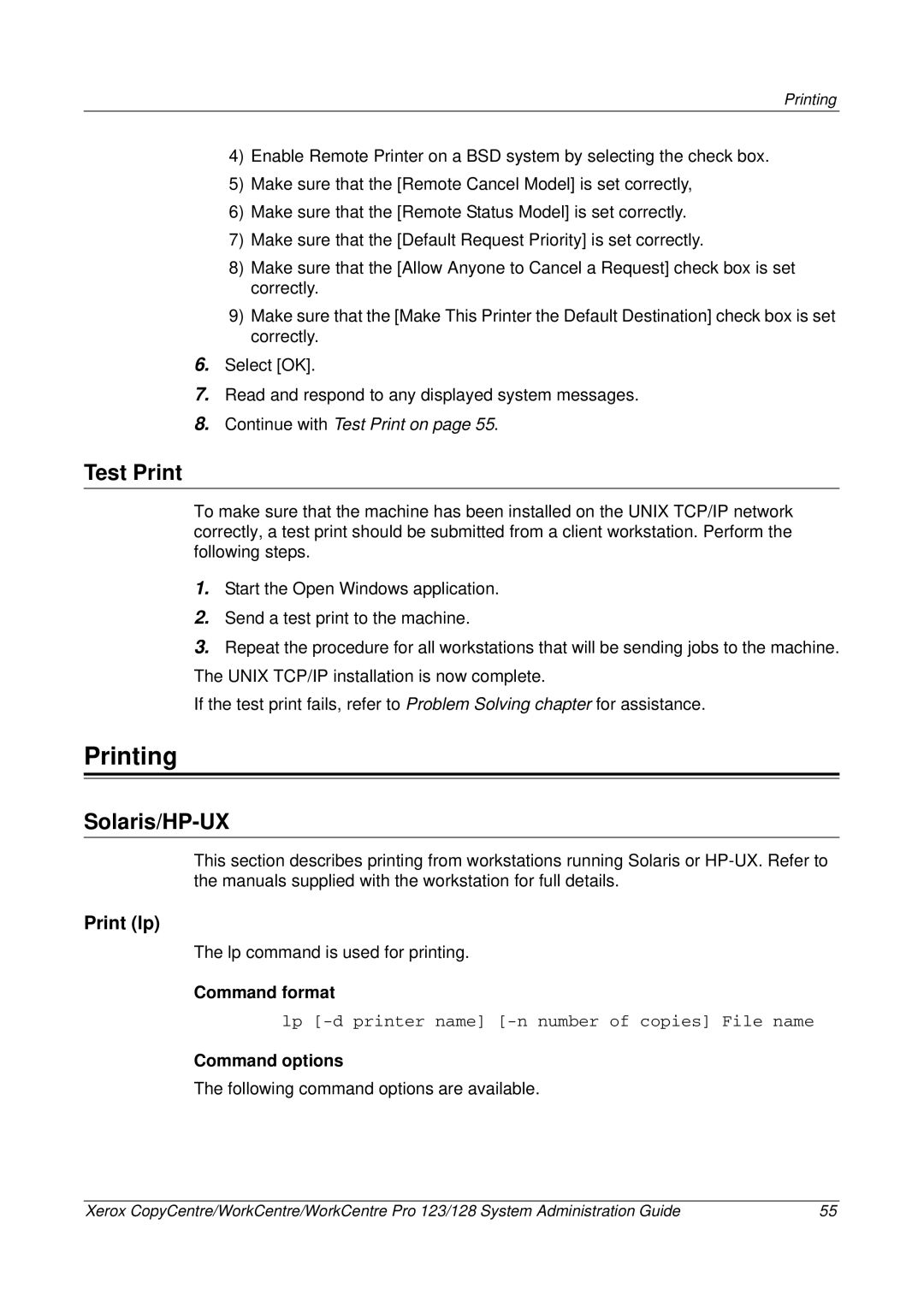 Xerox C123/C128 M123/M128 123/128 manual Printing, Solaris/HP-UX, Print lp, Command format, Command options 