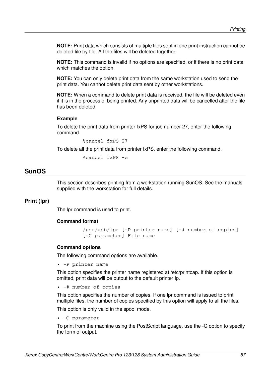 Xerox C123/C128 M123/M128 123/128 manual SunOS, Print lpr 