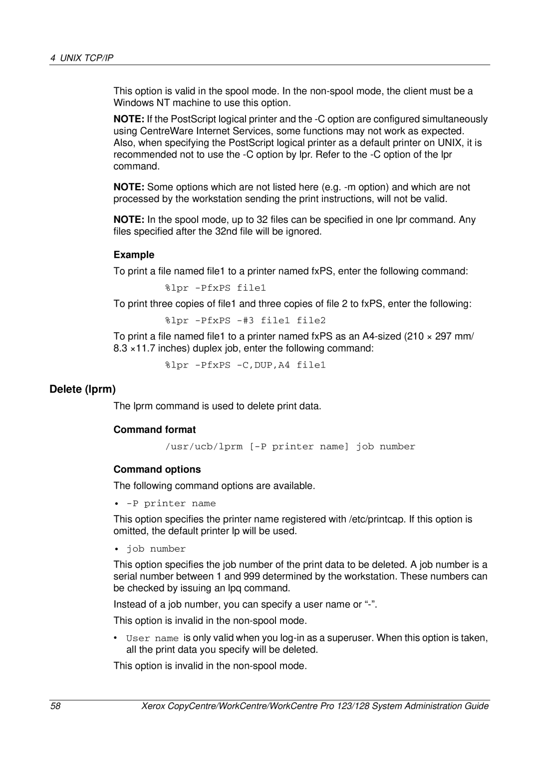 Xerox C123/C128 M123/M128 123/128 manual Delete lprm, Lpr -PfxPS -#3 file1 file2 