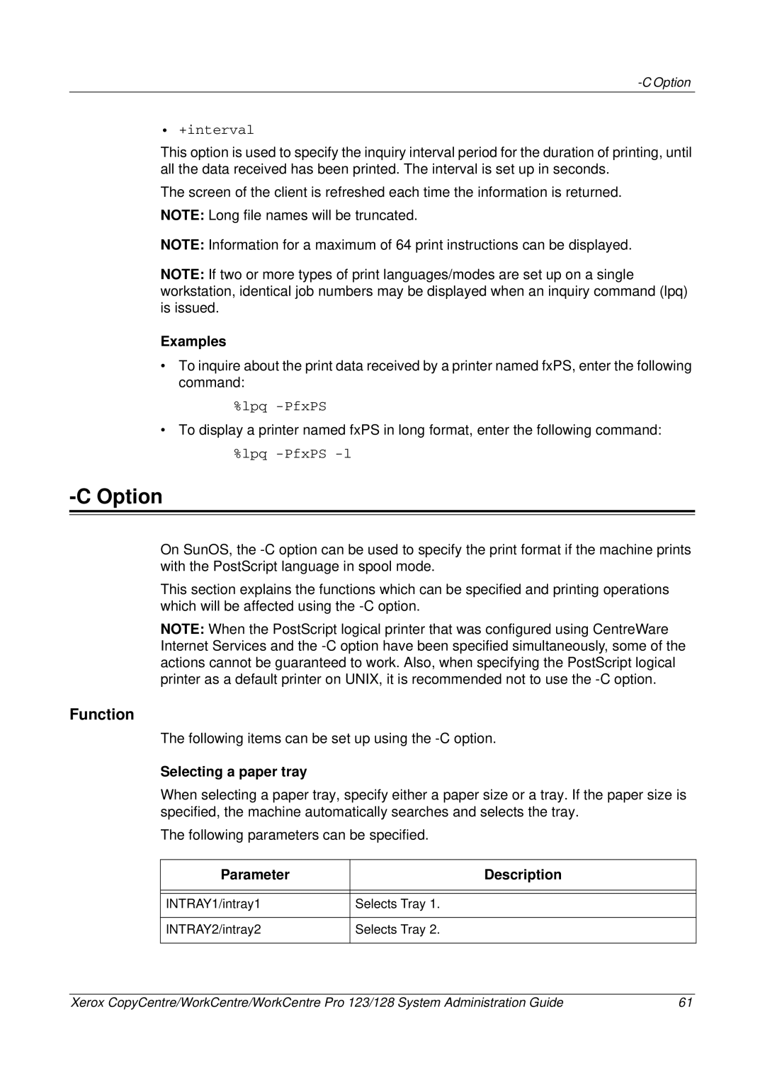 Xerox C123/C128 M123/M128 123/128 manual Option, Function, Examples, Selecting a paper tray, Parameter Description 