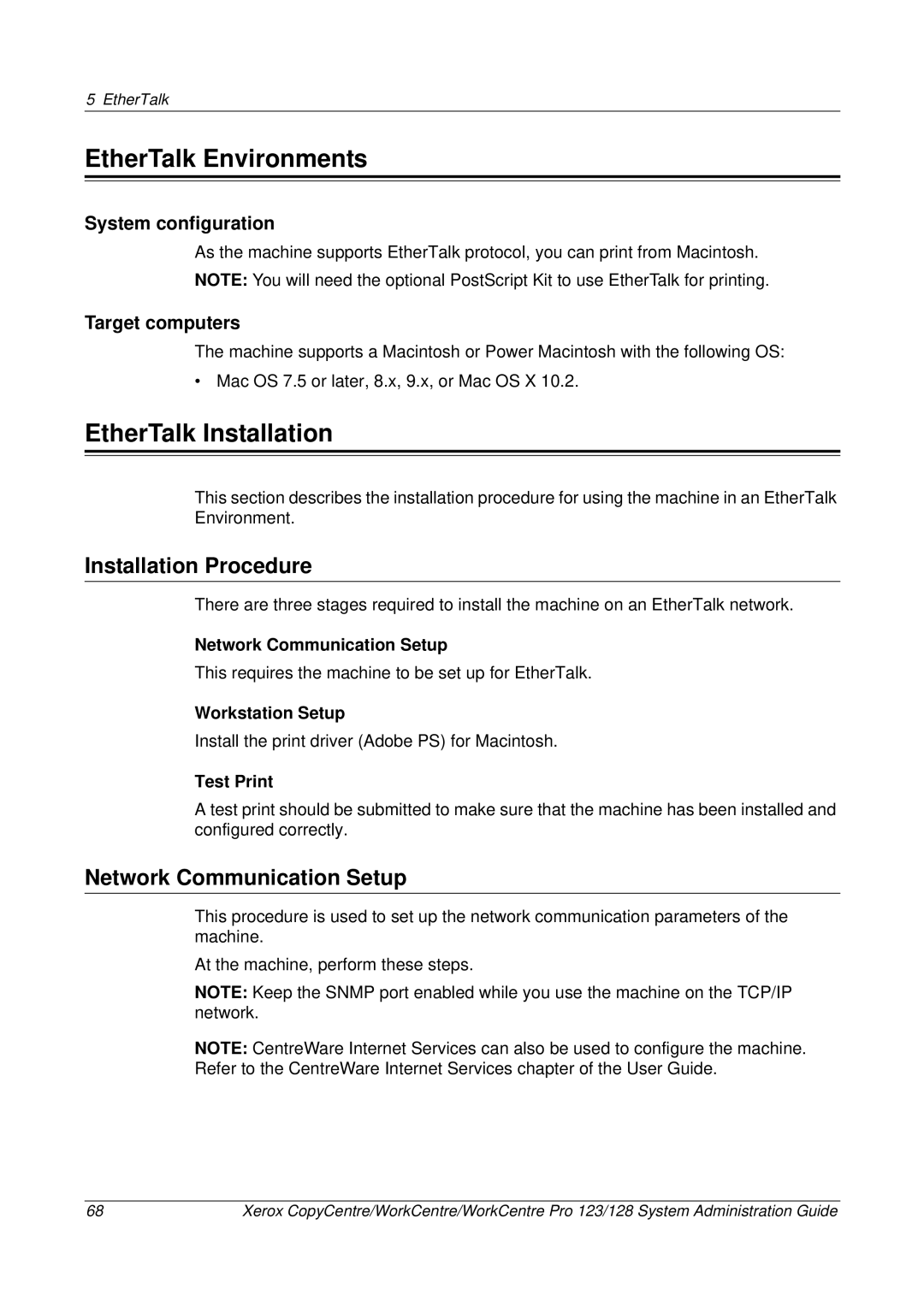 Xerox C123/C128 M123/M128 123/128 manual EtherTalk Environments, EtherTalk Installation 